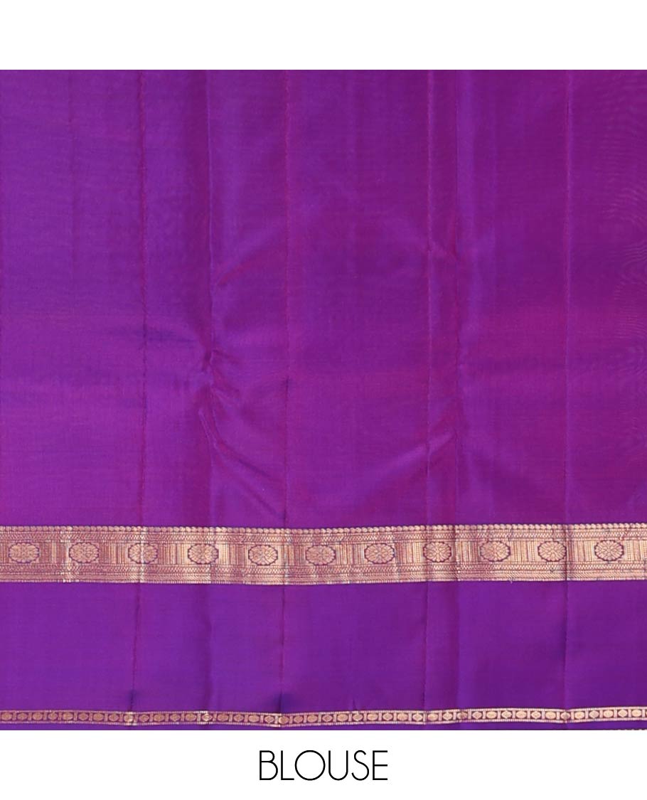 Purple zari checked Vasundhara silk mix saree, zari rettai pettu border of manga, muthu, banaras, and laddu kamalam designs, and intricate pallu