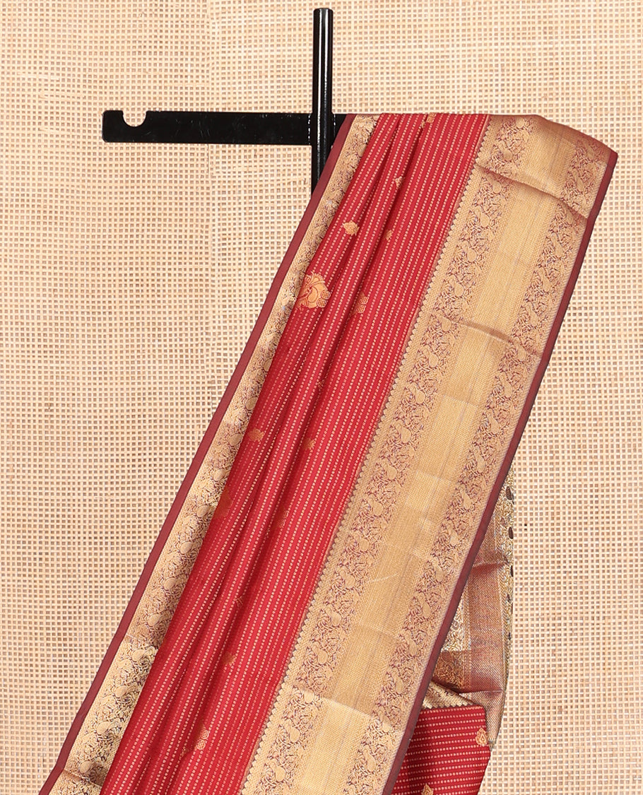 Red Vasundhara Lite Silk Mix Saree, Elevated with Zari Buttas and Muthu Stripes, a Contrast Border of Thilakam Mokku, Ara Maadam, Mayil, and Mayil Kann, Intricate Pallu, and a Contrast Blouse