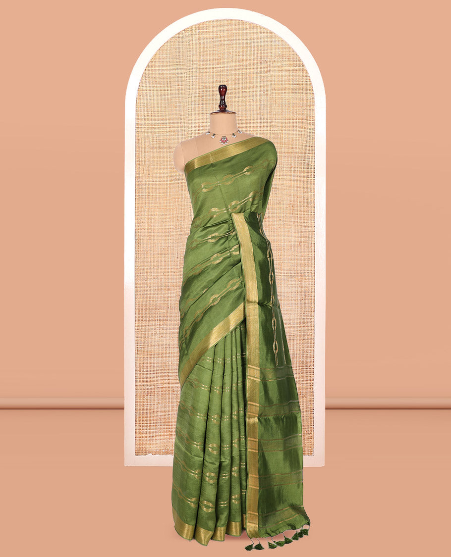Green Banana Pith Saree, Embellished with Zari Designs, a Zari Border, Striped Pallu, and Matching Blouse