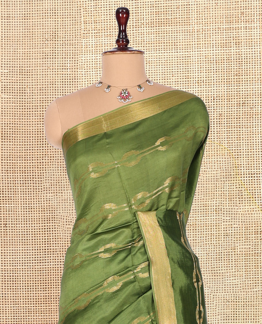 Green Banana Pith Saree, Embellished with Zari Designs, a Zari Border, Striped Pallu, and Matching Blouse