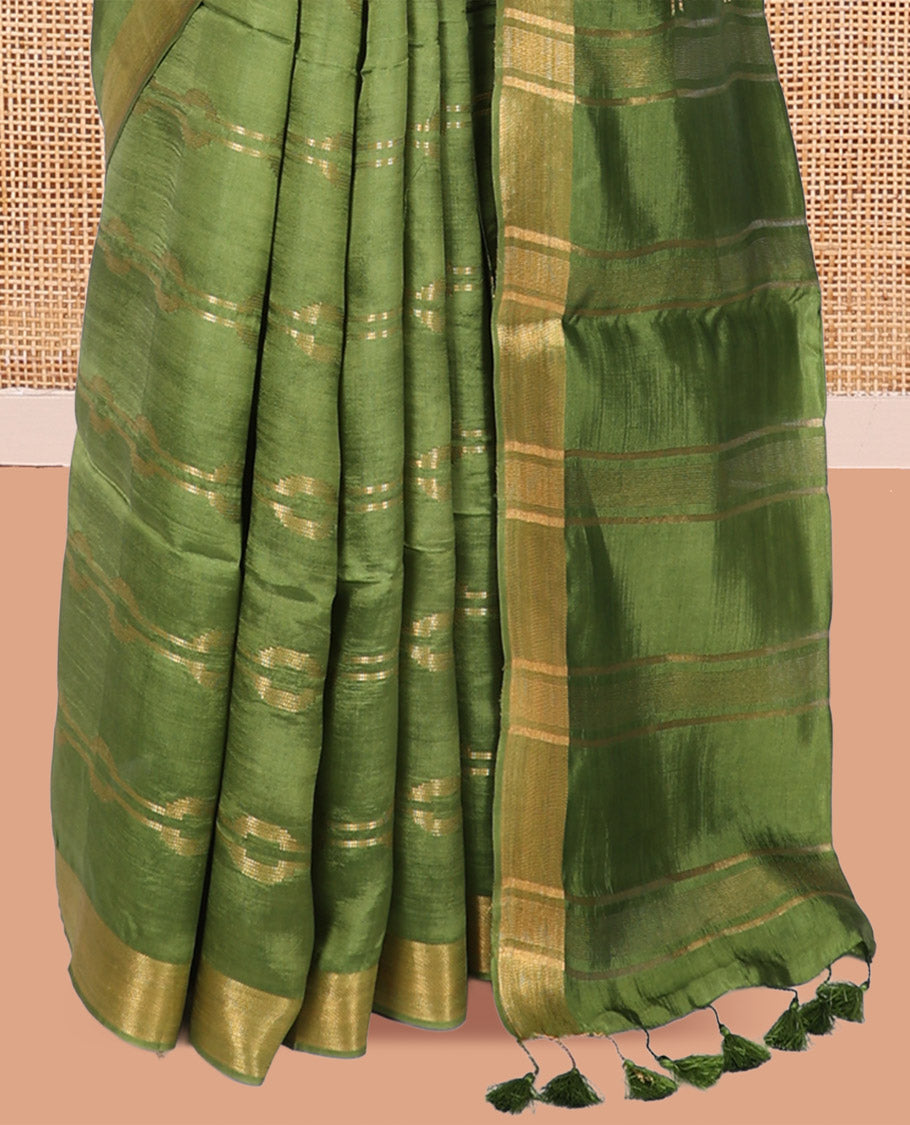 Green Banana Pith Saree, Embellished with Zari Designs, a Zari Border, Striped Pallu, and Matching Blouse
