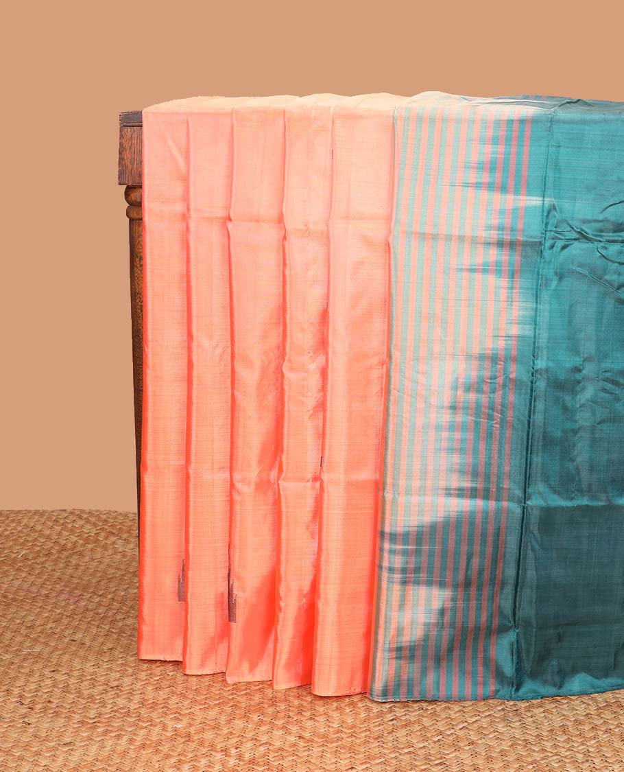 Orange  motifs banana pith saree with self border & striped, motifs pallu