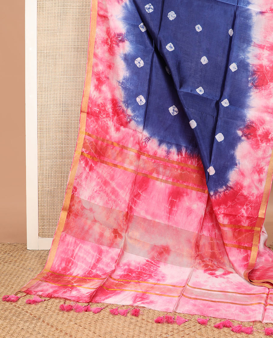 Blue shibori printed banana pith saree, contrast shibori printed piping border, and shibori printed pallu