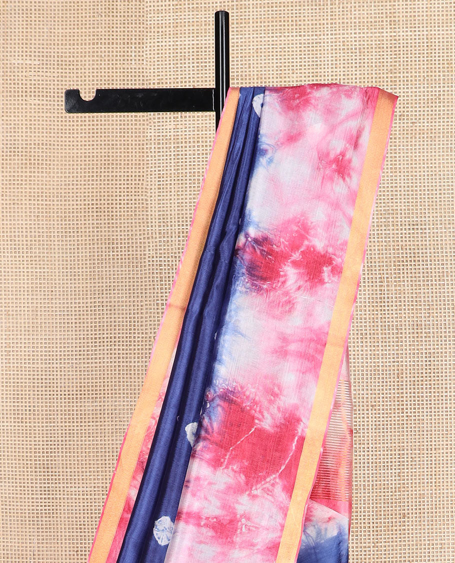 Blue shibori printed banana pith saree, contrast shibori printed piping border, and shibori printed pallu