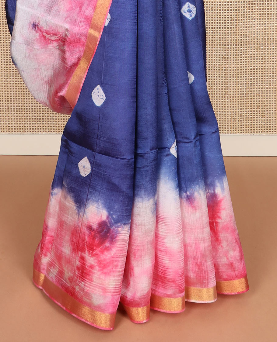 Blue shibori printed banana pith saree, contrast shibori printed piping border, and shibori printed pallu