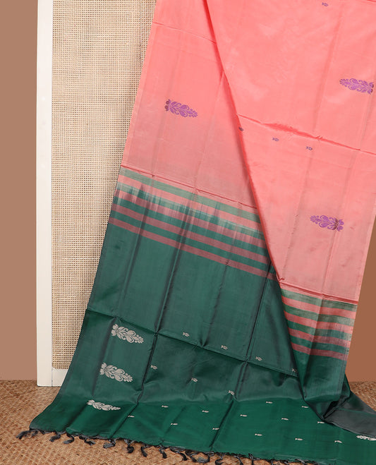 Borderless peach buttas Banana pith saree, contrast pallu of buttas