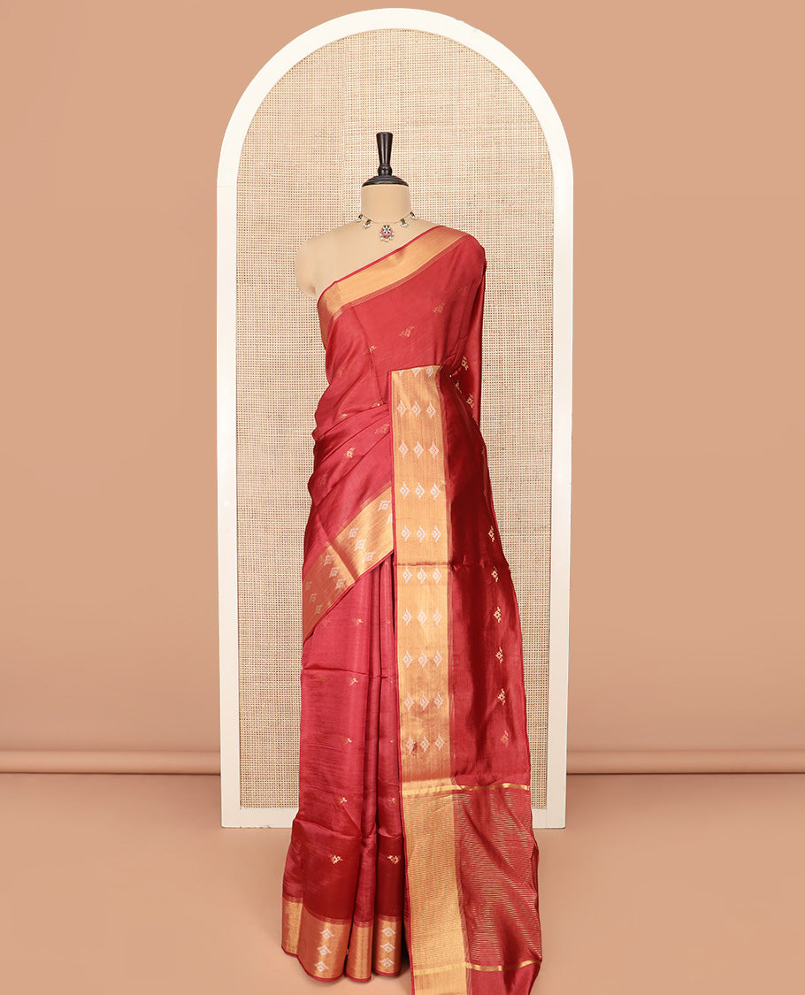 Crimson Red Banana Pith Saree Embellished with Zari Buttas, Temple Border of Zari Designs, Subtle Pallu of Zari Designs, and Paired with a Matching Blouse