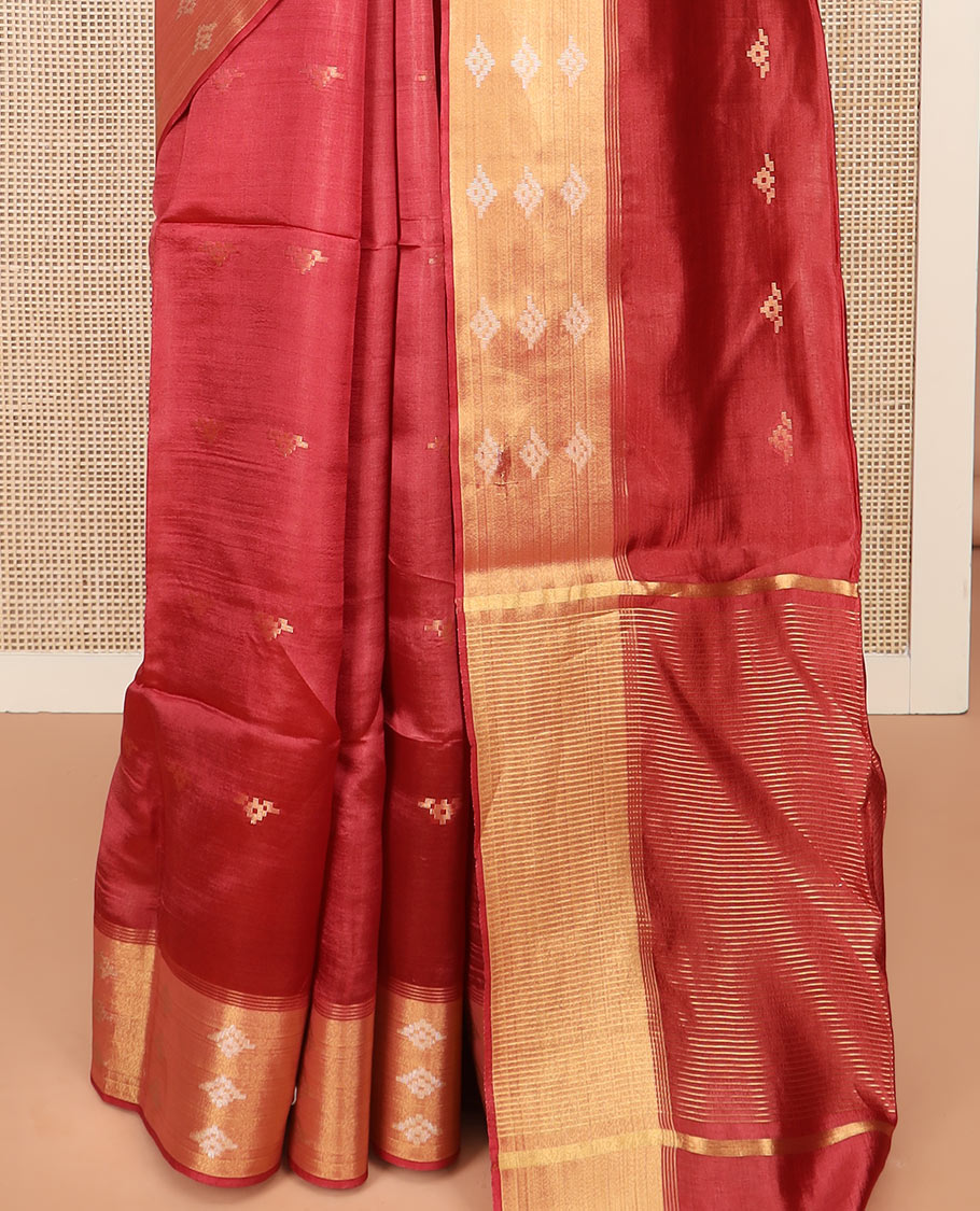 Crimson Red Banana Pith Saree Embellished with Zari Buttas, Temple Border of Zari Designs, Subtle Pallu of Zari Designs, and Paired with a Matching Blouse