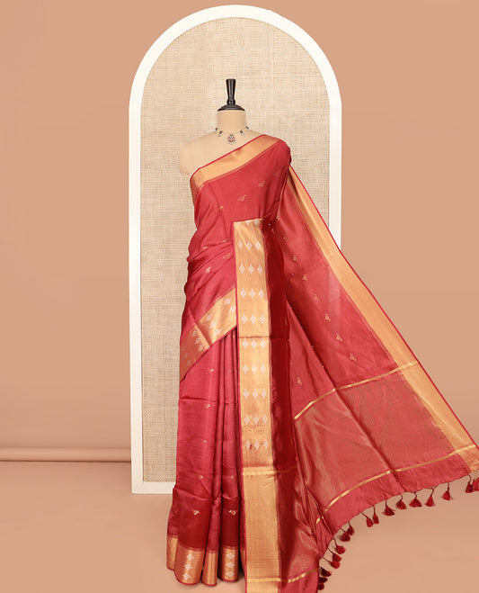 Crimson Red Banana Pith Saree Embellished with Zari Buttas, Temple Border of Zari Designs, Subtle Pallu of Zari Designs, and Paired with a Matching Blouse