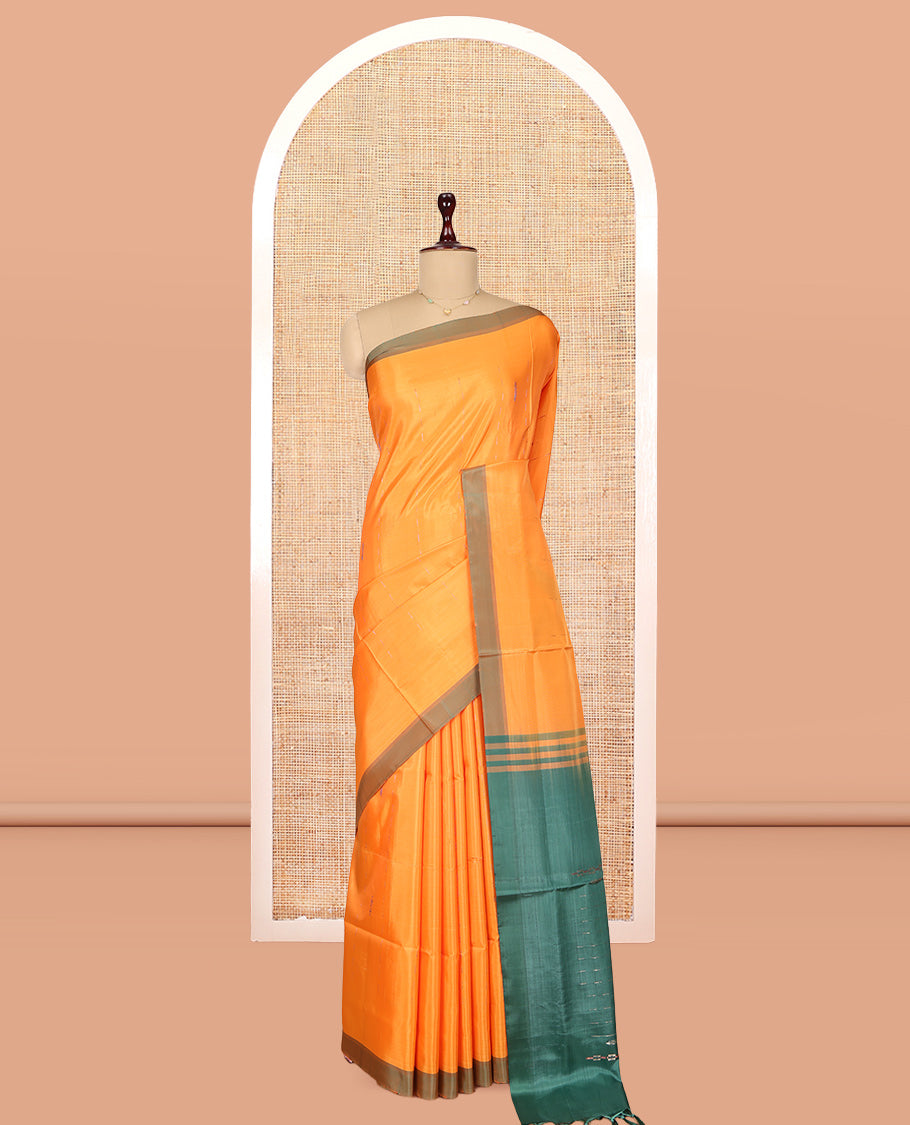Orange Banana Pith Saree, Sparsely Threaded with Buttas, a Contrast Border, Pallu of Stripes, and a Contrast Blouse