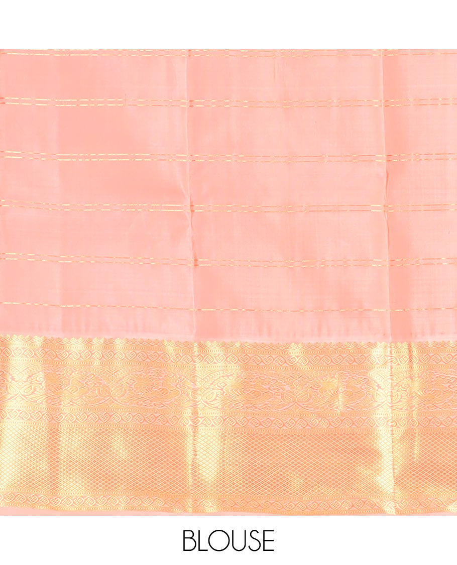Green butta enclosed zari checked silk saree, contrast temple border of thilakam mokku, muthu, kodi visiry, mayil, and mayil kann designs, and geometric patterned pallu