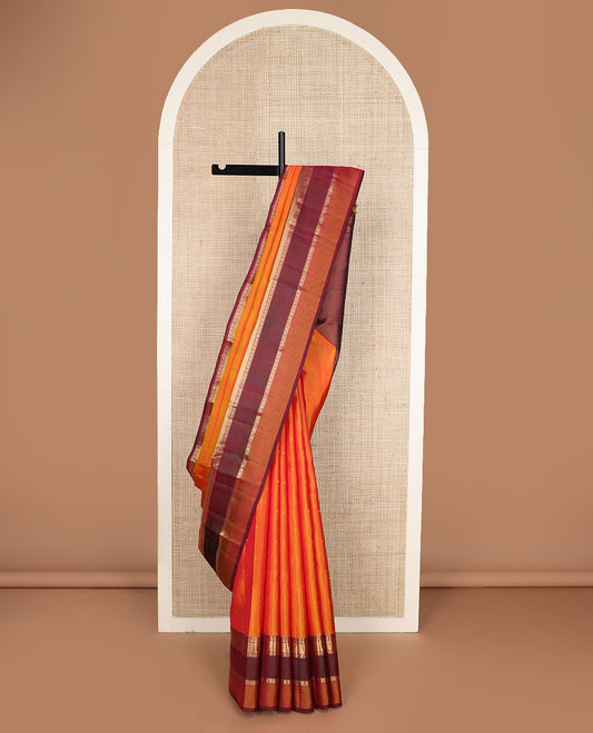 Orange zari buttas silk saree, contrast rettai pettu traditional zari border & jaal pallu