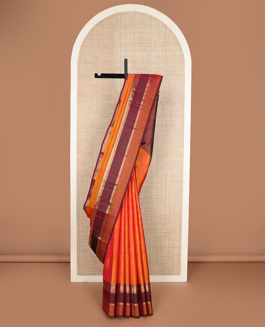 Orange zari buttas silk saree, contrast rettai pettu traditional zari border & jaal pallu
