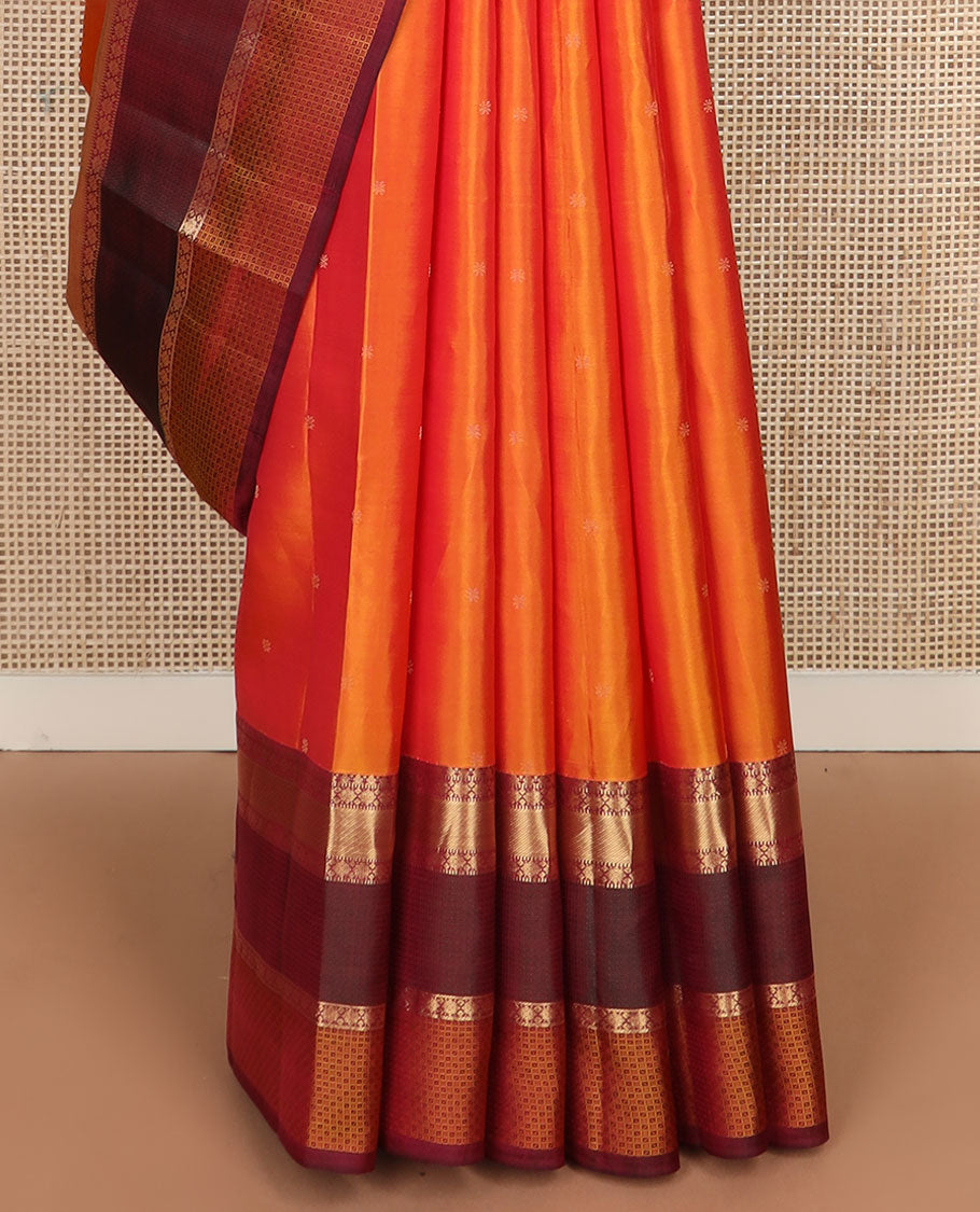 Orange zari buttas silk saree, contrast rettai pettu traditional zari border & jaal pallu