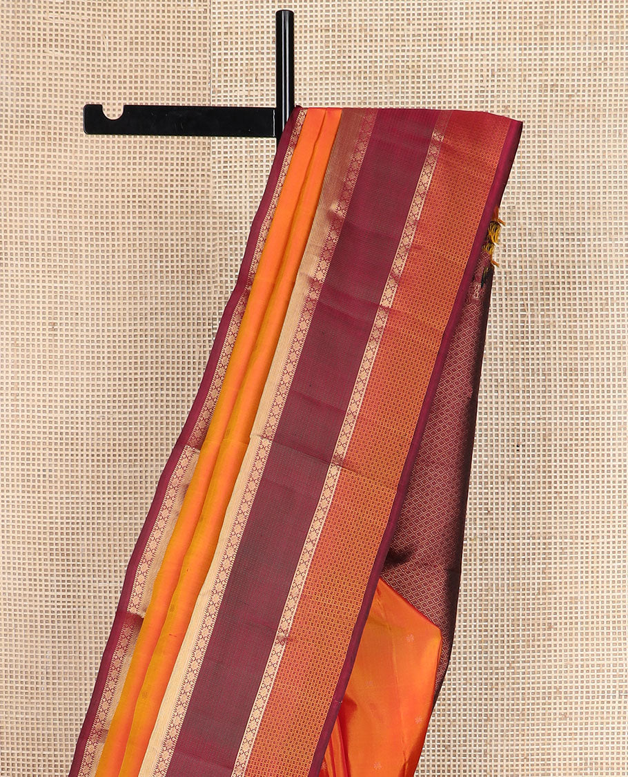 Orange zari buttas silk saree, contrast rettai pettu traditional zari border & jaal pallu