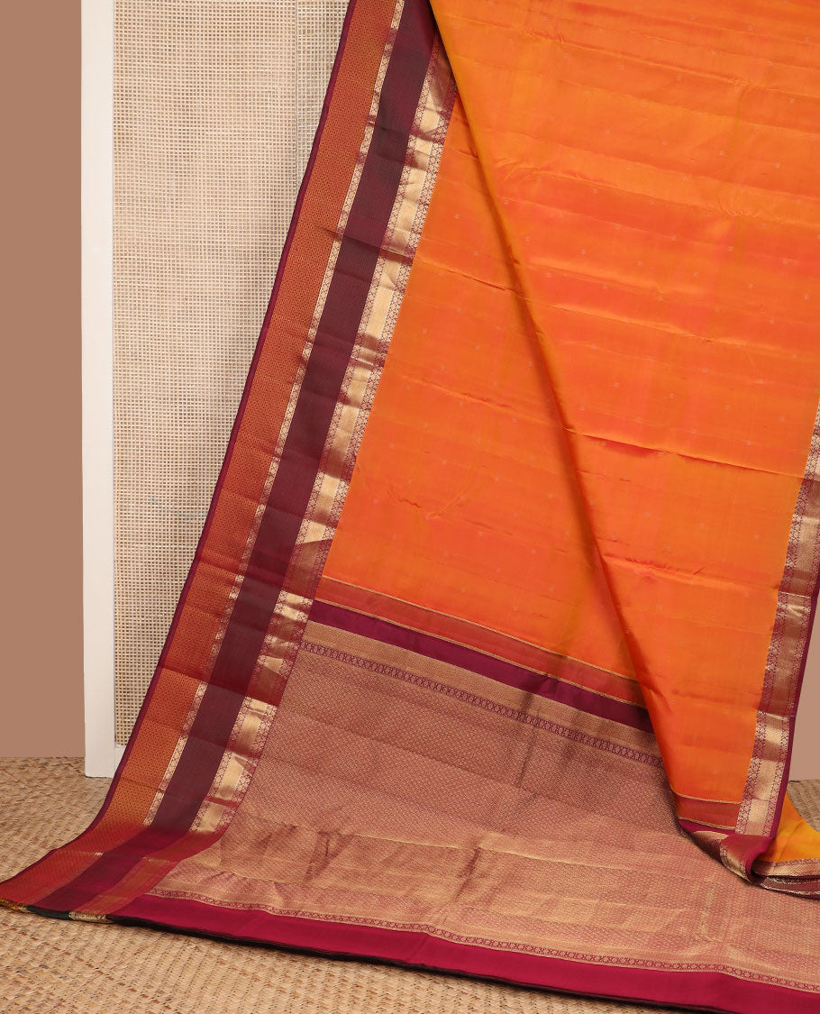 Orange zari buttas silk saree, contrast rettai pettu traditional zari border & jaal pallu
