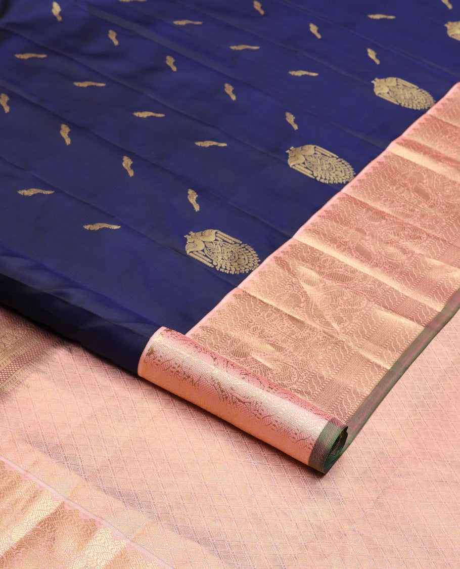Blue bird buttas silk saree, contrast border of puli nagam, mayil, and then kuli kann and jaal pallu