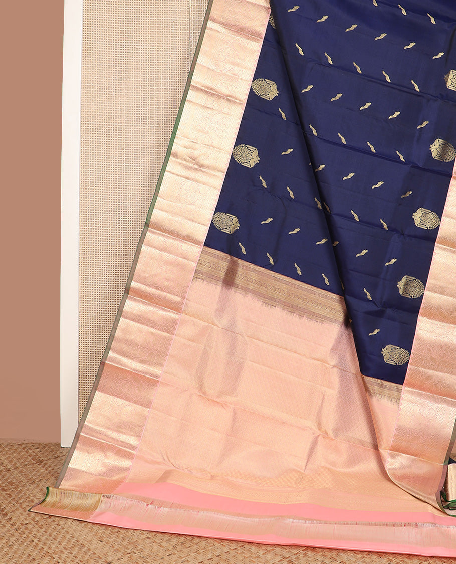 Blue bird buttas silk saree, contrast border of puli nagam, mayil, and then kuli kann and jaal pallu