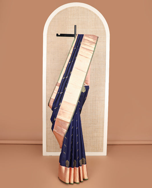 Blue bird buttas silk saree, contrast border of puli nagam, mayil, and then kuli kann and jaal pallu