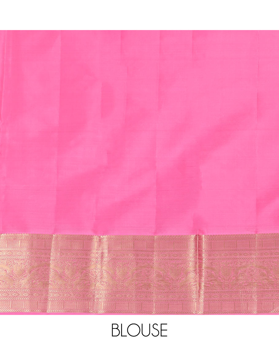 Blue Vasundhara Silk Saree Prettified with Mayil Buttas, Complemented by a Contrast Border of Thilakam, Kathir, Kuyil Kann, Laddu Kamalam, Iru Thalai Pakshi, and Yaali Designs, Pallu Adorned with Geometric Designs, and Paired with a Contrast Blouse