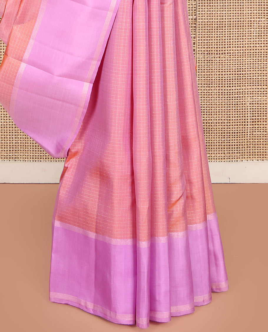 Peach Vasundhara Silk Saree, Bedecked with Zari Checks All Over Its Body, Complemented by Contrast Rettai Pettu  Zari Stripes Border, Sparsely Woven Pallu of Jaal Designs, and Paired with a Contrast Blouse
