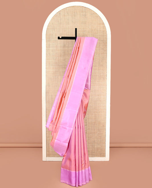 Peach Vasundhara Silk Saree, Bedecked with Zari Checks All Over Its Body, Complemented by Contrast Rettai Pettu  Zari Stripes Border, Sparsely Woven Pallu of Jaal Designs, and Paired with a Contrast Blouse