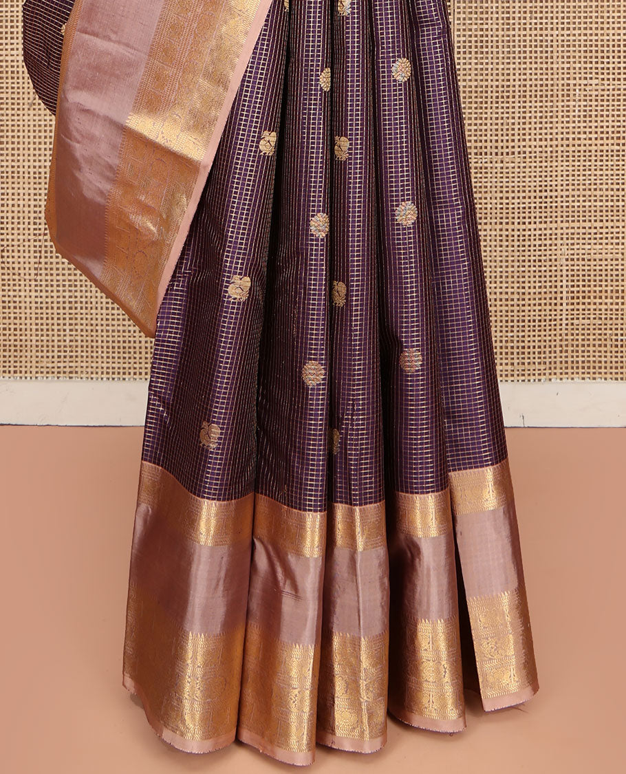 Purple Vasundhara Silk Saree, Steeped in Richness with Mayil-Chakram Buttas and Zari Checks, Complemented by a Contrast Rettai Pettu Border of Ara Bogudi, Muthu, Banaras, Iruthalai Pakshi, and Chakram Designs, Jaal Pallu, and Paired with a Contrast Blouse