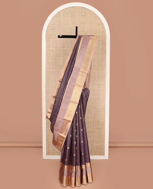 Purple Vasundhara Silk Saree, Steeped in Richness with Mayil-Chakram Buttas and Zari Checks, Complemented by a Contrast Rettai Pettu Border of Ara Bogudi, Muthu, Banaras, Iruthalai Pakshi, and Chakram Designs, Jaal Pallu, and Paired with a Contrast Blouse