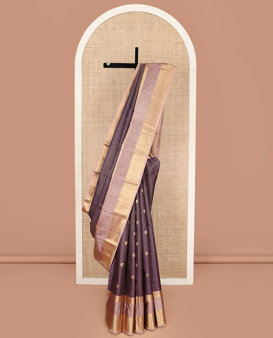 Purple Vasundhara Silk Saree, Steeped in Richness with Mayil-Chakram Buttas and Zari Checks, Complemented by a Contrast Rettai Pettu Border of Ara Bogudi, Muthu, Banaras, Iruthalai Pakshi, and Chakram Designs, Jaal Pallu, and Paired with a Contrast Blouse