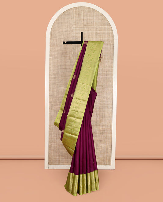 Wine Vasundhara Silk Saree, Graced with Zari Buttas, Complemented by Contrast Traditional Border of Mayil Designs, Grand Pallu, and a Contrast Blouse