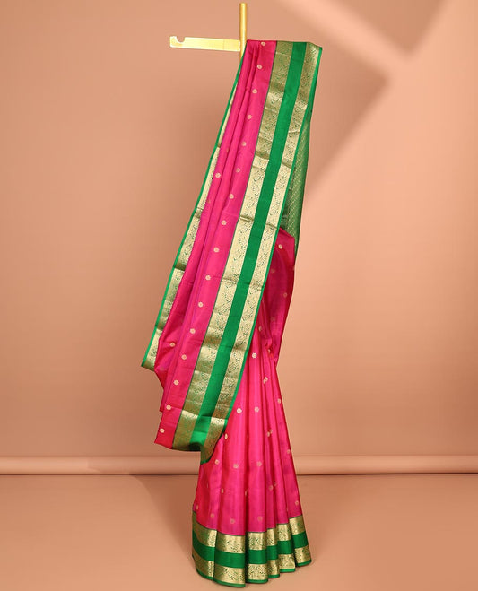 Pink kamalam buttas silk saree, contrast rettai pettu border of floral designs & intricate pallu