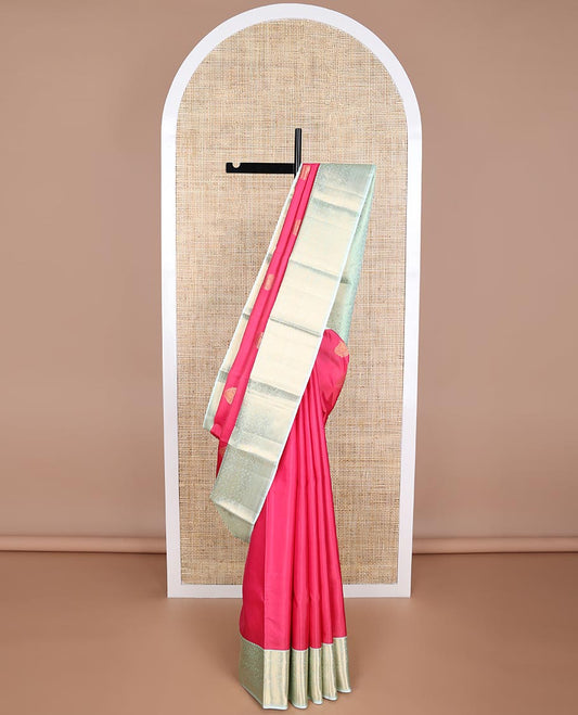 Red leaf buttas silk saree with contrast intricate zari design border & checked floral design pallu