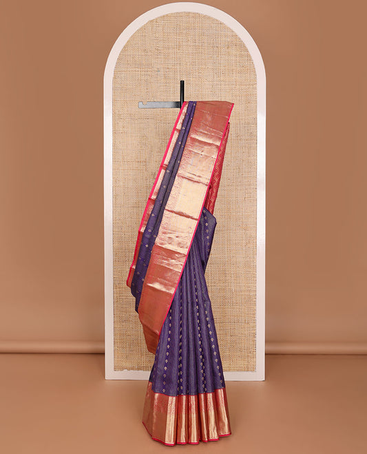 Blue zari design silksaree,contrast scallop pallu & border of thilakam, muthu, paisa, lavangam, mayil & kuyil kann design