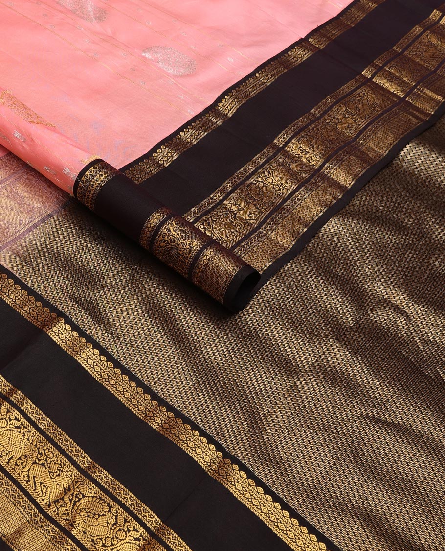 Pink zari buttas silk saree, contrast rettai pettu korvai border of diamond,banaras,neli,yaali,yaanai & mayil kann design & intricate pallu