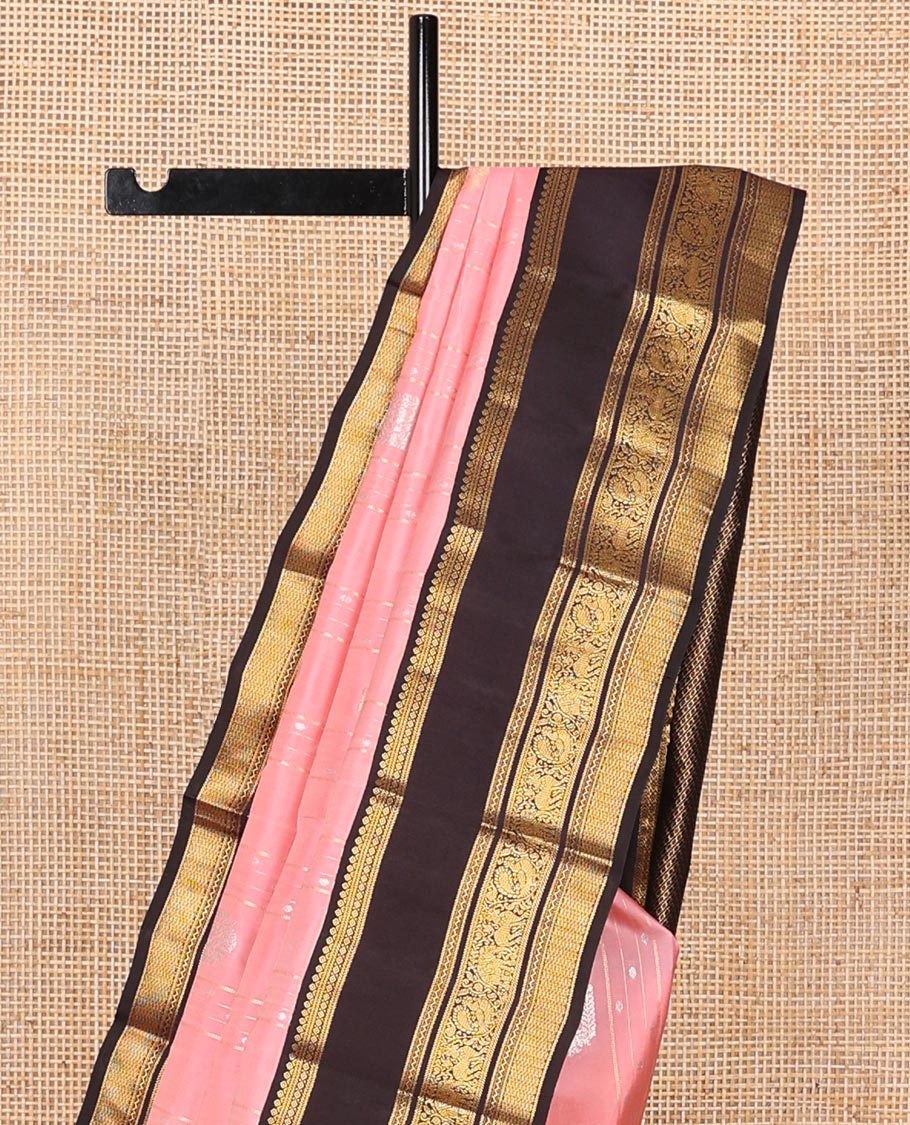 Pink zari buttas silk saree, contrast rettai pettu korvai border of diamond,banaras,neli,yaali,yaanai & mayil kann design & intricate pallu