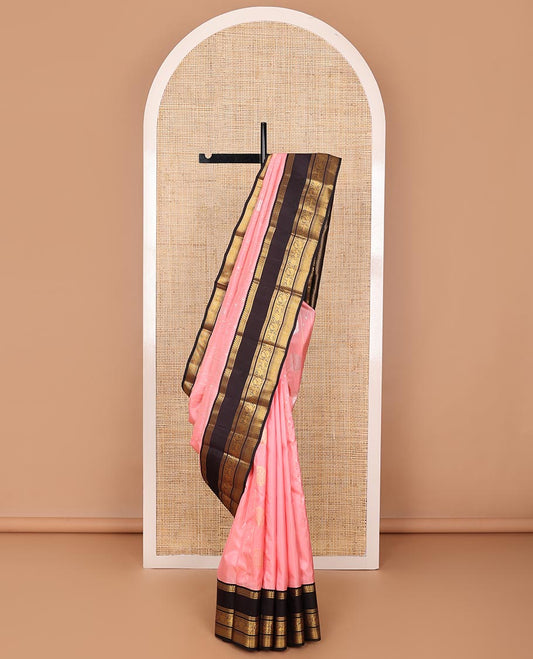 Pink zari buttas silk saree, contrast rettai pettu korvai border of diamond,banaras,neli,yaali,yaanai & mayil kann design & intricate pallu