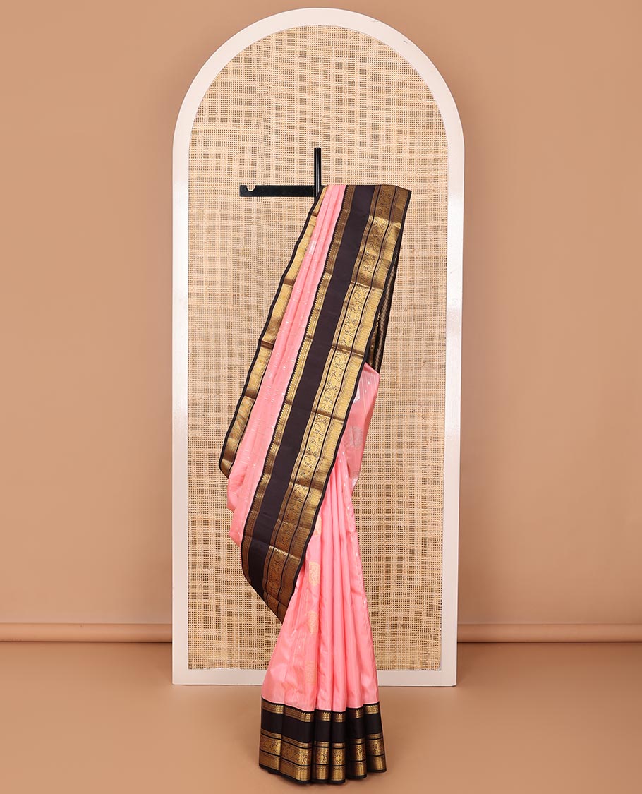 Pink zari buttas silk saree, contrast rettai pettu korvai border of diamond,banaras,neli,yaali,yaanai & mayil kann design & intricate pallu
