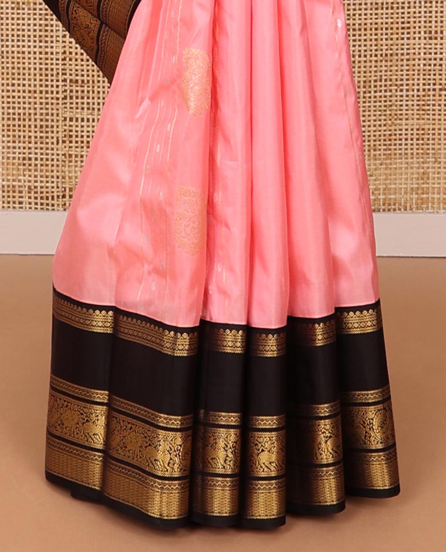 Pink zari buttas silk saree, contrast rettai pettu korvai border of diamond,banaras,neli,yaali,yaanai & mayil kann design & intricate pallu