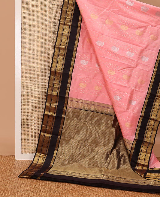 Pink zari buttas silk saree, contrast rettai pettu korvai border of diamond,banaras,neli,yaali,yaanai & mayil kann design & intricate pallu