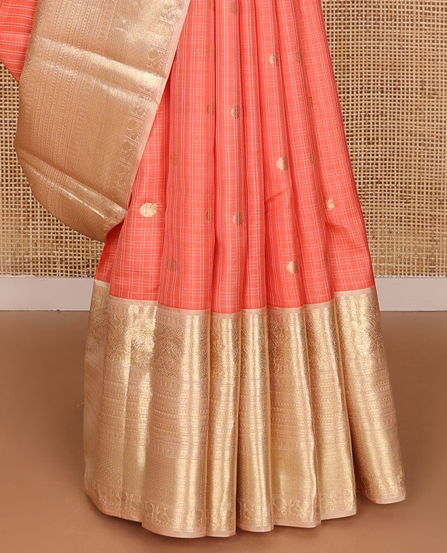 Peach checked annam chakram buttas silksaree, contrast jaal pallu & border of muthu, cross kamalam,mayil kann,neli & mayil designs