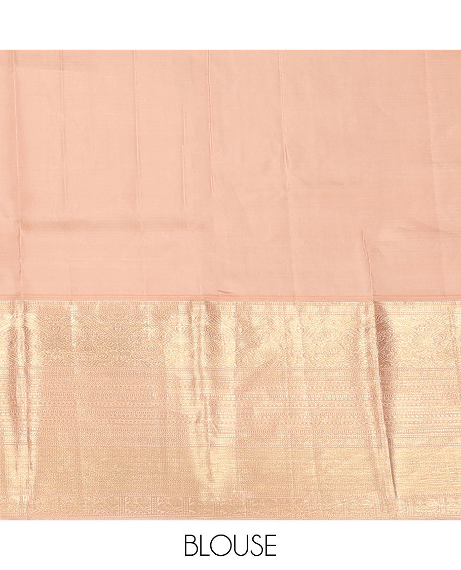 Peach checked annam chakram buttas silksaree, contrast jaal pallu & border of muthu, cross kamalam,mayil kann,neli & mayil designs