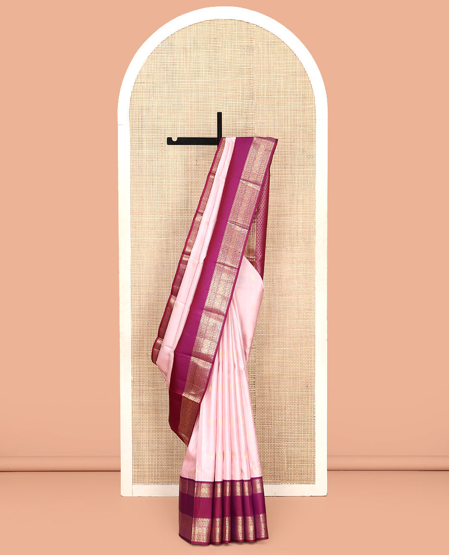 Baby Pink Vasundhara Silk Saree, Subtly Woven with Zari Buttas All Over Its Body, Complemented by Contrast Rettai Pettu Border of Laddu Kamalam Designs, Grand Jaal Pallu and Paired with a Contrast Blouse