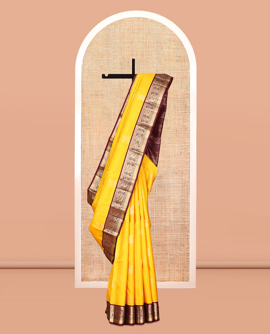 Yellow Vasundhara Silk Saree, Woven with Zari Buttas, Contrast Border of Muthu, Mayil, and Yaanai Designs, Grand Pallu, and Contrast Blouse