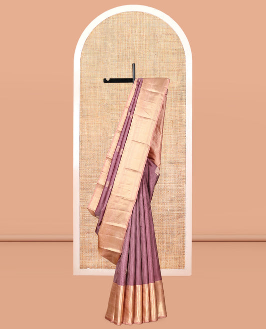 Rosewood Pink Vasundhara Silk Saree, Crafted with Zari Buttas and Stripes, a Contrast Border of Thilakam Mokku, Cross Kamalam, and Mayil Designs, Grand Pallu, and Contrast Blouse