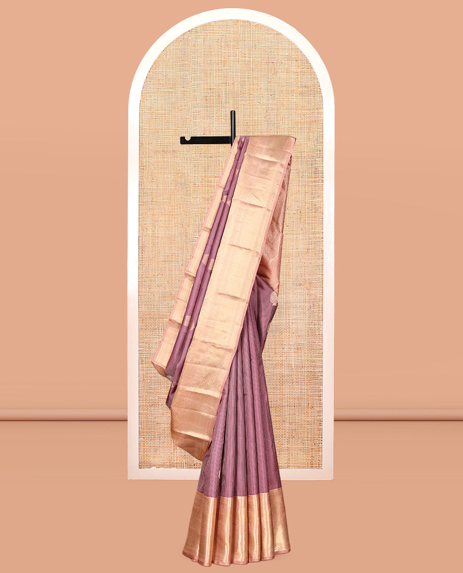 Rosewood Pink Vasundhara Silk Saree, Crafted with Zari Buttas and Stripes, a Contrast Border of Thilakam Mokku, Cross Kamalam, and Mayil Designs, Grand Pallu, and Contrast Blouse