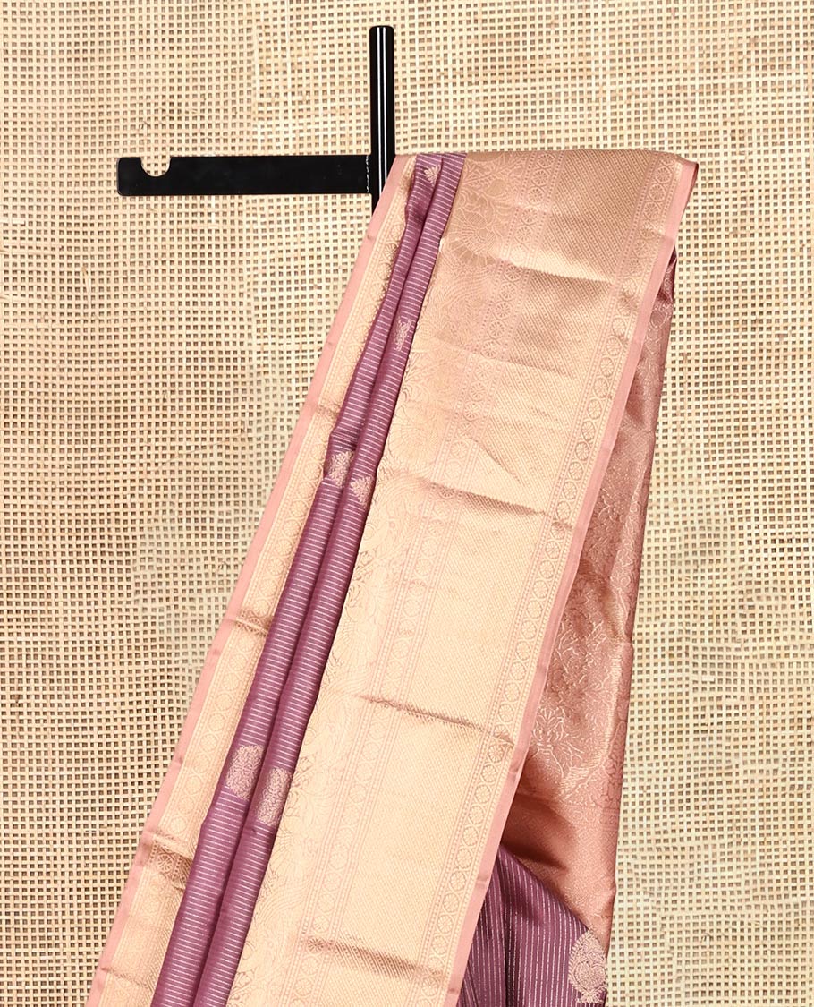 Rosewood Pink Vasundhara Silk Saree, Crafted with Zari Buttas and Stripes, a Contrast Border of Thilakam Mokku, Cross Kamalam, and Mayil Designs, Grand Pallu, and Contrast Blouse