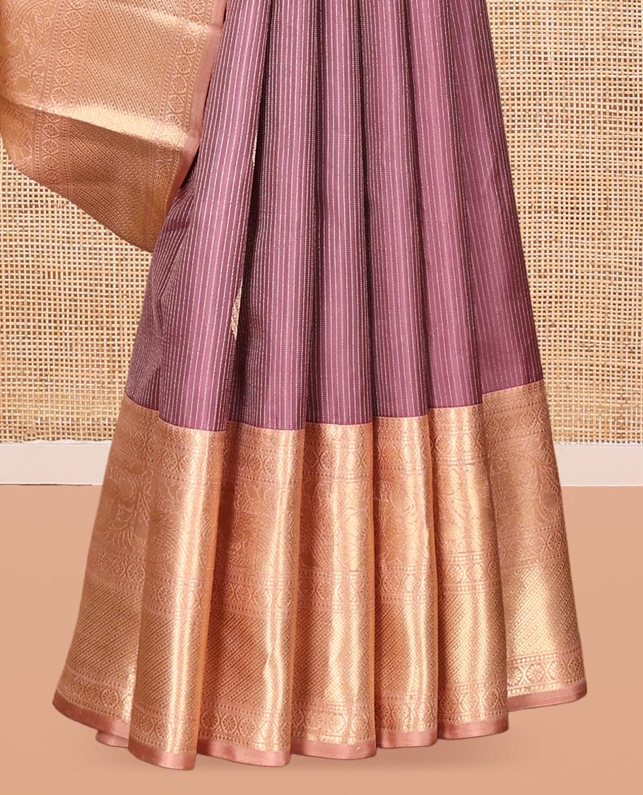 Rosewood Pink Vasundhara Silk Saree, Crafted with Zari Buttas and Stripes, a Contrast Border of Thilakam Mokku, Cross Kamalam, and Mayil Designs, Grand Pallu, and Contrast Blouse