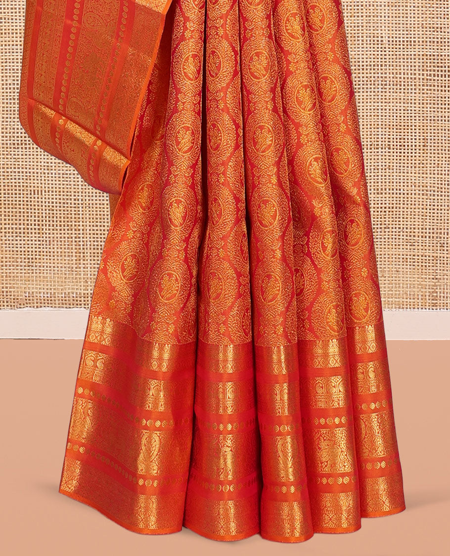 Orange Kanchipuram Wedding Silk Saree, Richly Detailed with Jacquard Design, a Zari Border of Thilakam, Poun, Manga, Mayil, Yaali, Paisa, and Dhavana Kodi, Grand Pallu, and a Matching Blouse