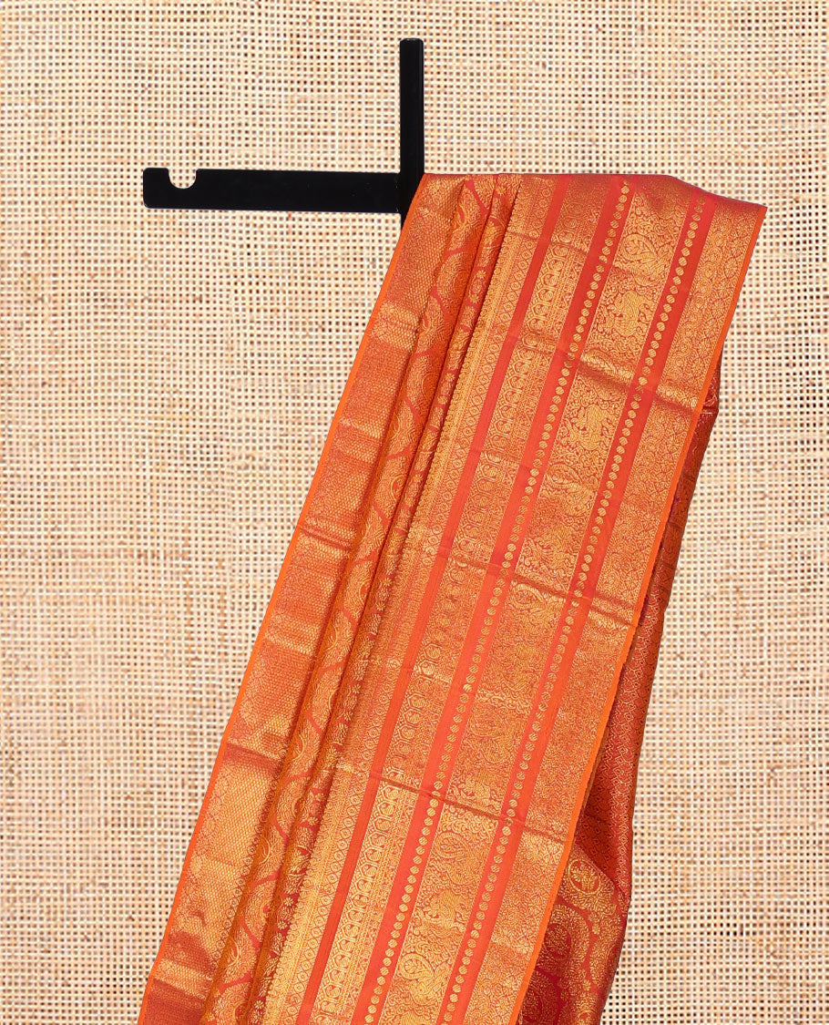 Orange Kanchipuram Wedding Silk Saree, Richly Detailed with Jacquard Design, a Zari Border of Thilakam, Poun, Manga, Mayil, Yaali, Paisa, and Dhavana Kodi, Grand Pallu, and a Matching Blouse
