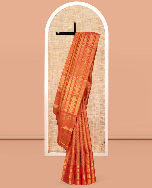 Orange Kanchipuram Wedding Silk Saree, Richly Detailed with Jacquard Design, a Zari Border of Thilakam, Poun, Manga, Mayil, Yaali, Paisa, and Dhavana Kodi, Grand Pallu, and a Matching Blouse